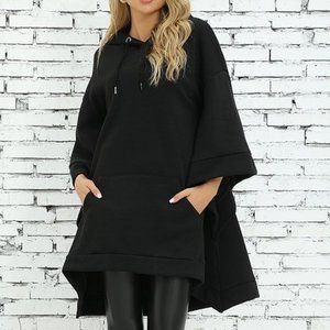 NWT Black Cape Sleeve Hooded Pocket Poncho